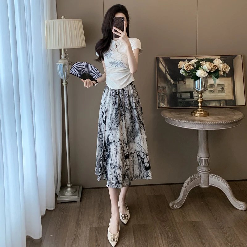 新中式国风套装裙女夏洋气显瘦高端精致盘扣短袖水墨半身裙两件套