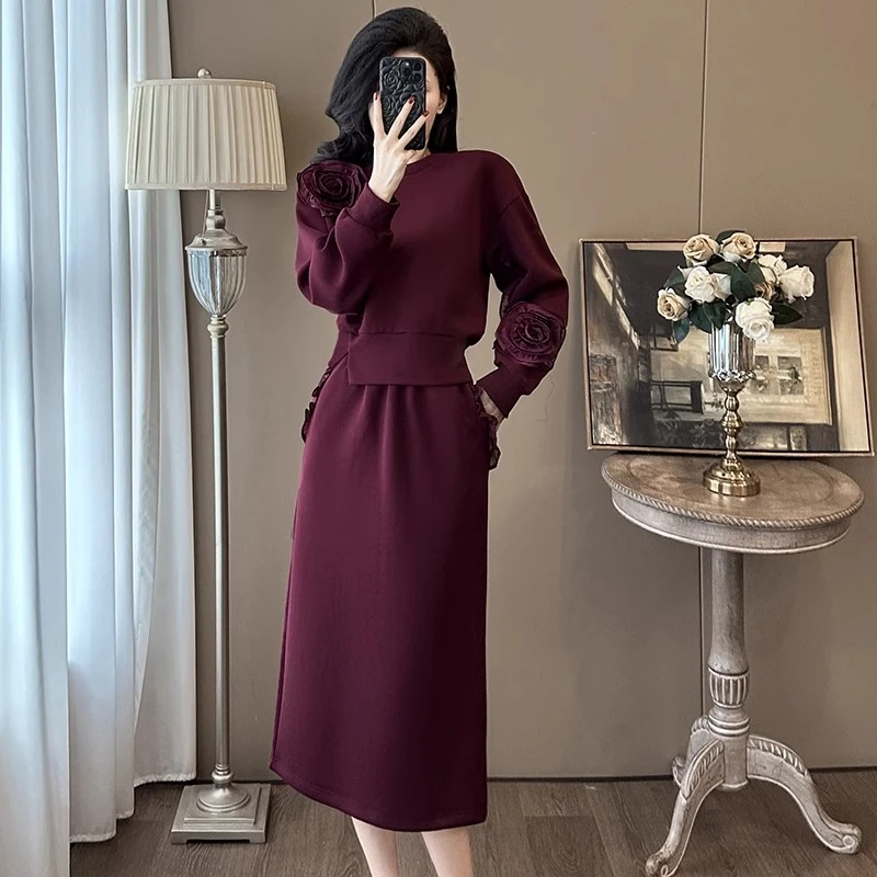 复古气质时尚套装裙女秋季显瘦高级感立体花朵卫衣半身裙两件套装