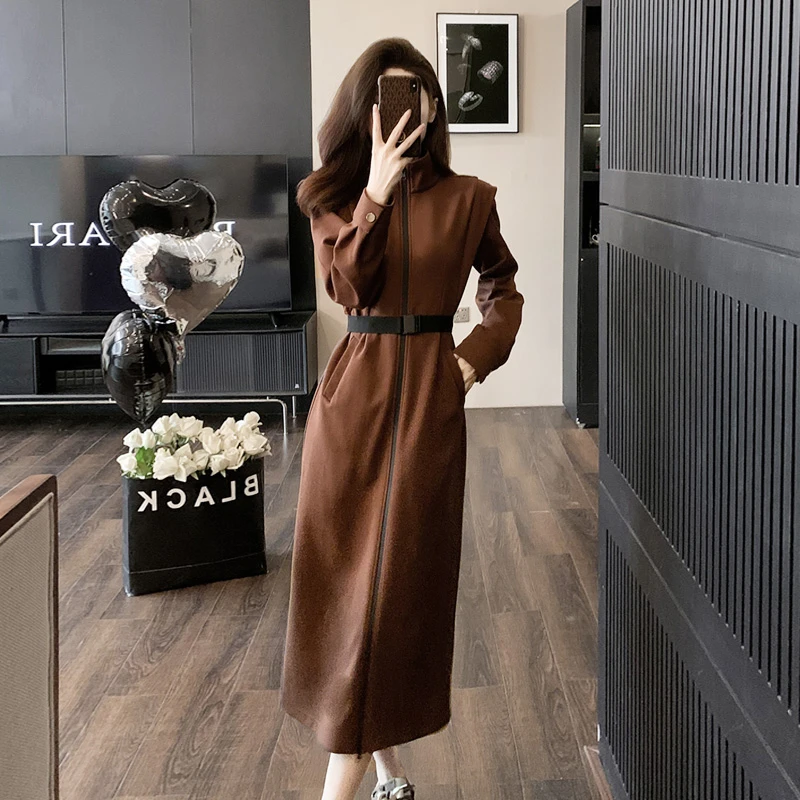 美拉德卫衣连衣裙女秋季收腰显瘦设计感小众百搭拉链开叉休闲裙子