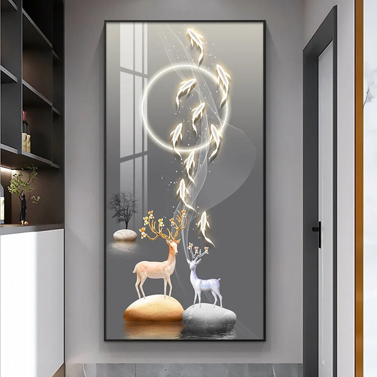 轻奢入户玄关装饰画进门客厅走廊过道挂画新款大气麋鹿竖版墙壁画