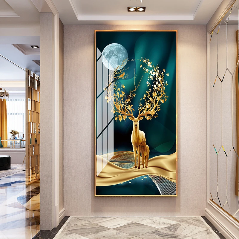 入户玄关装饰画过道走道墙壁挂画新中式轻奢晶瓷画竖版麋鹿画厂家