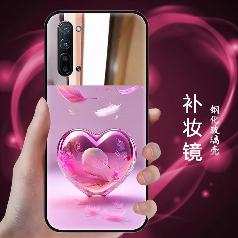 红骑士适用于OPPORENO3手机壳女款reno3化补妆镜带镜子玻璃壳可爱