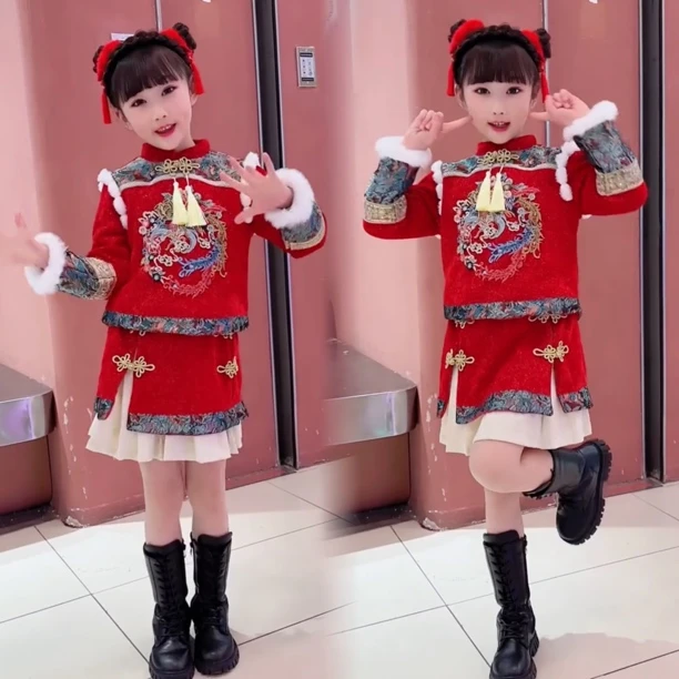 拜年服女童冬装2023新款中大童洋气过年加厚加绒新年唐装套装国潮