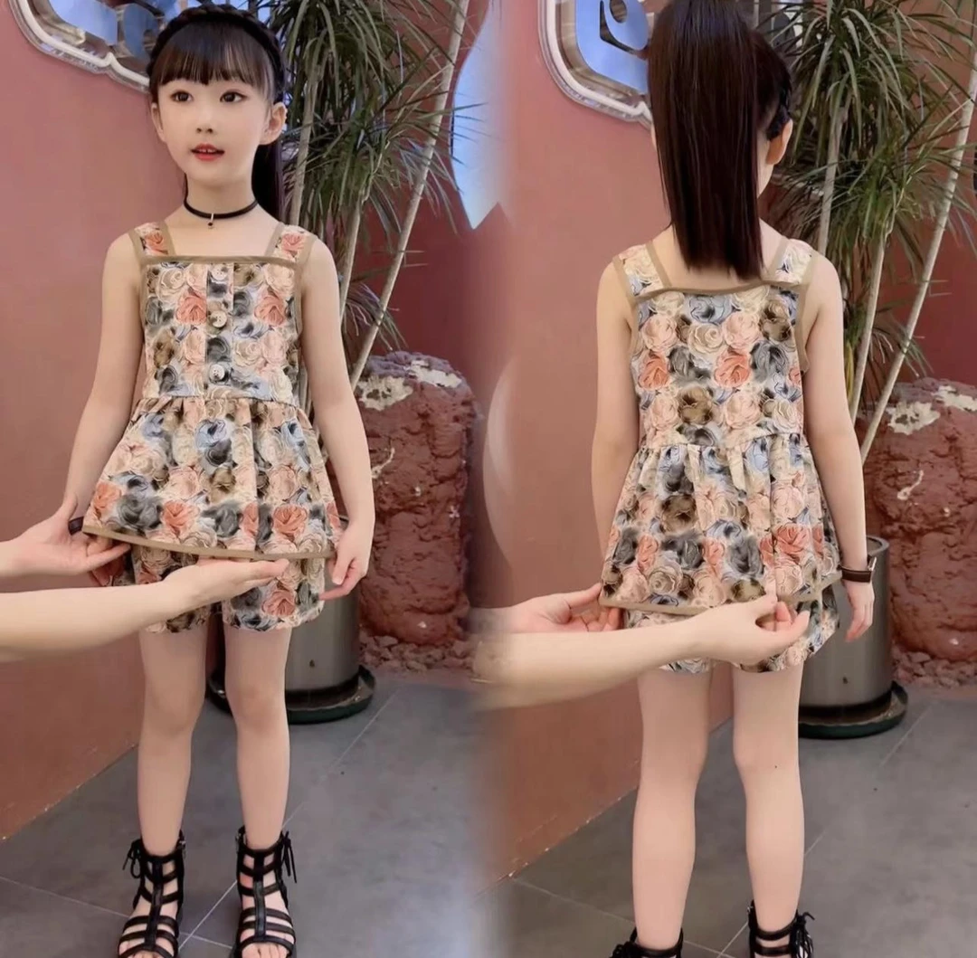 女童夏季套装2025新款儿童韩版洋气吊带复古玫瑰花套装碎花无袖潮