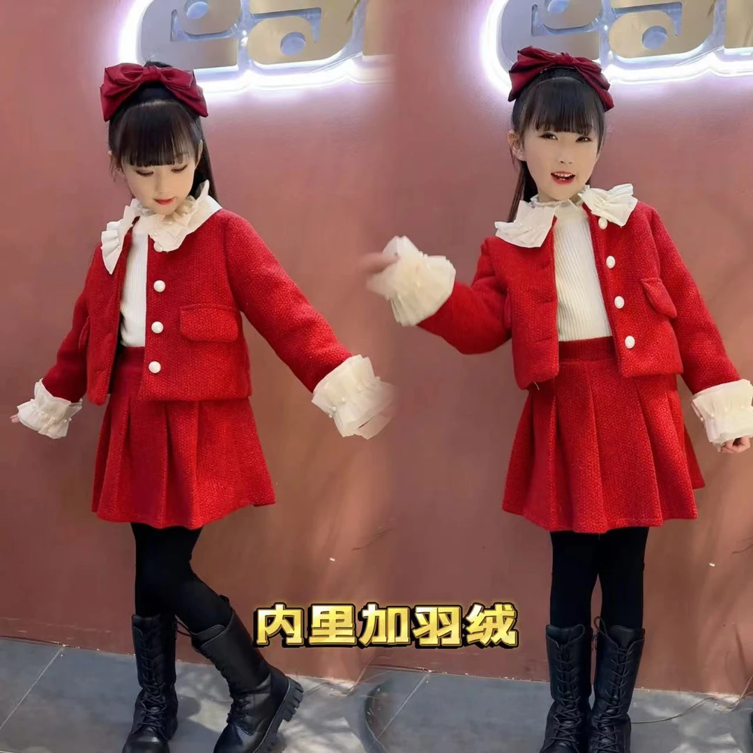 女童小香风套装2024冬季新款中大童韩版洋气小香风羽绒百褶裙套装