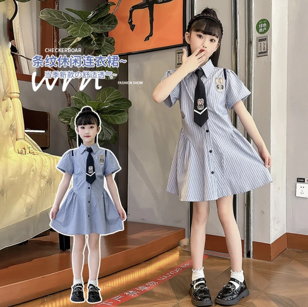 女童学院风连衣裙2025夏季新款中大童Polo领条纹衬衫连衣裙洋气潮