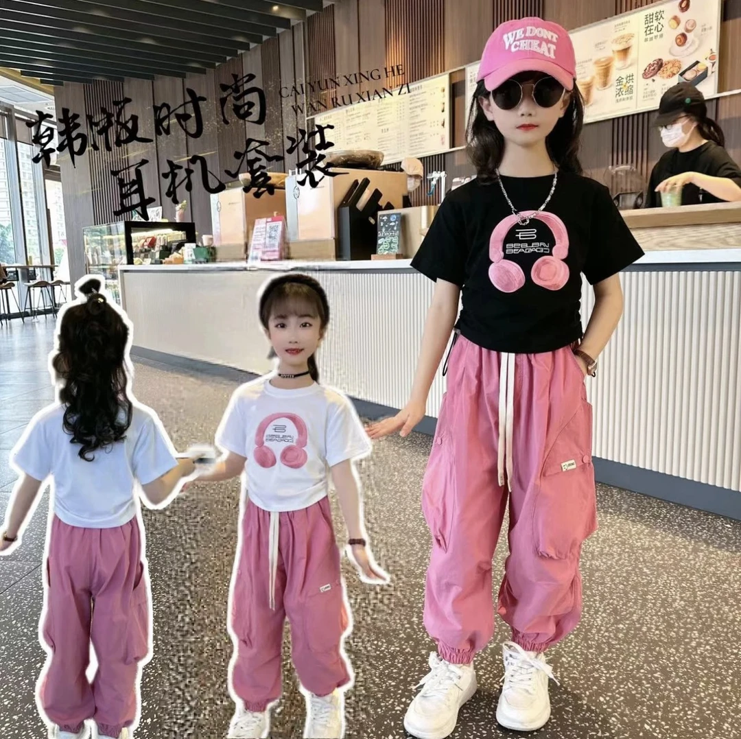女童耳机套装夏季新款中大童洋气时尚夏装耳机上衣工装裤休闲套装