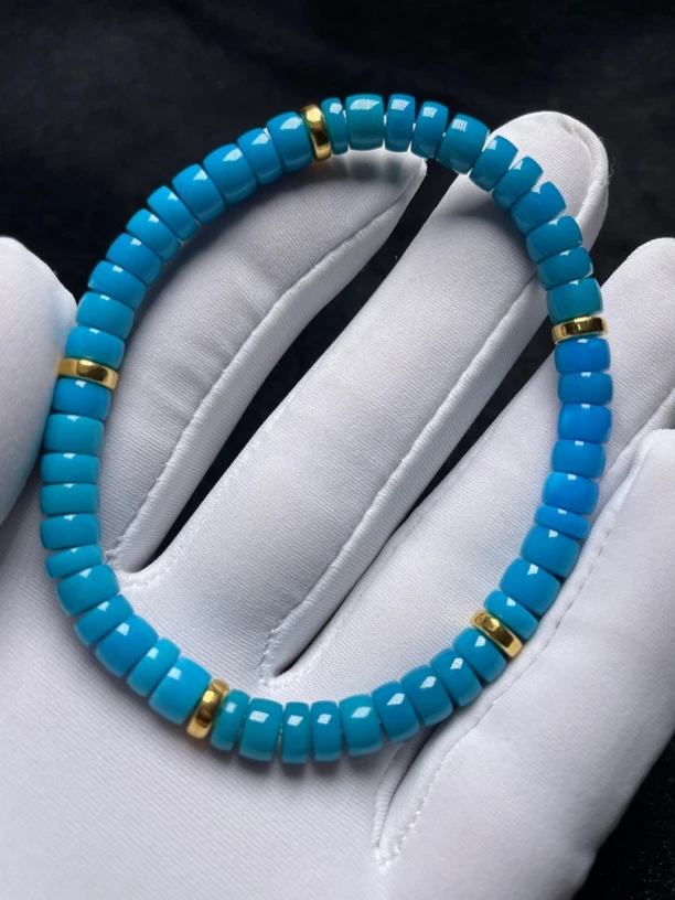 原矿绿松石直切单圈手串隔片单圈高瓷高蓝玉化料