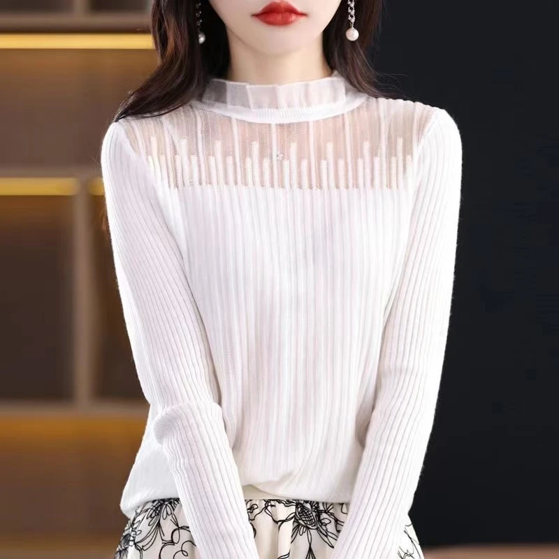 2024秋冬洋气蕾丝花边长袖女士半高领薄款亲肤精致针织打底上衣