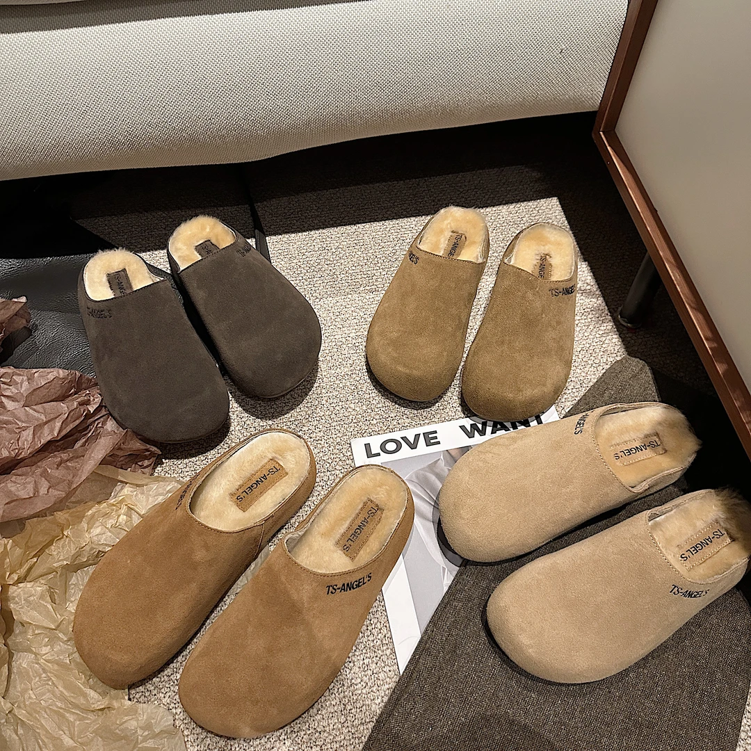 TS单鞋2024秋季新款平底防滑加绒包头毛毛半拖鞋外穿一脚蹬勃肯鞋