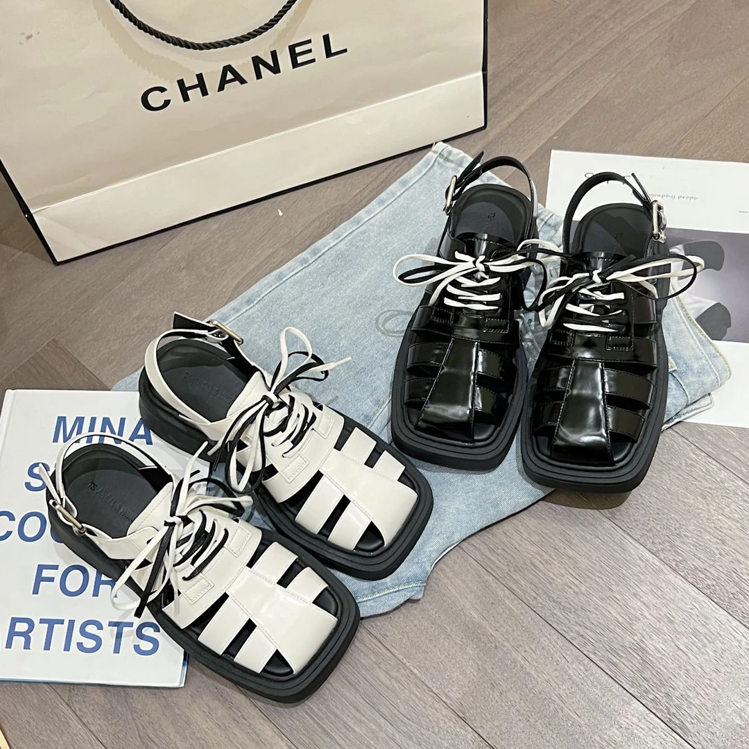 TS/TS方头时尚凉鞋女2024年夏季新款透气日系复古罗马鞋