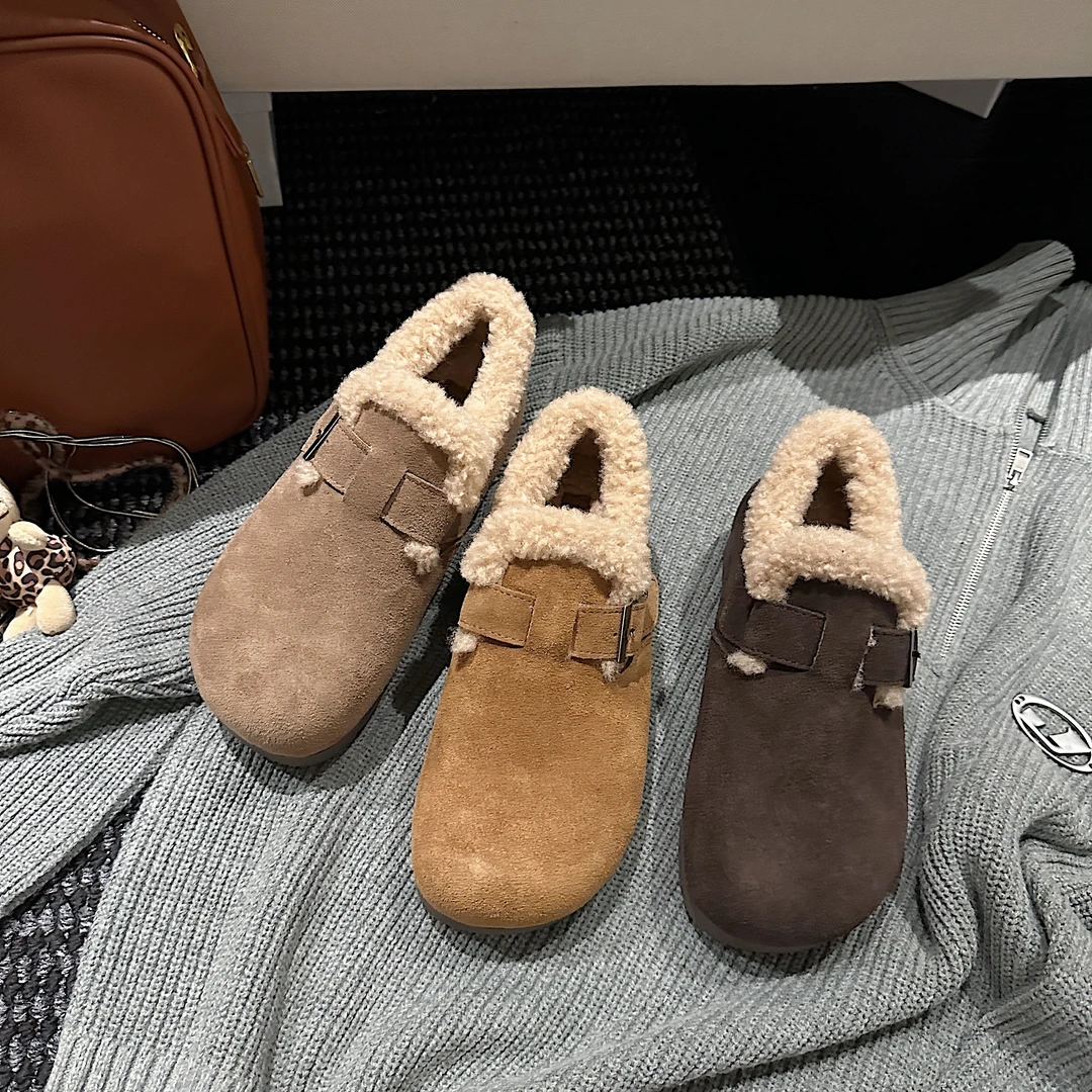 TS/TS平底爆款单鞋秋冬新款时尚百搭毛毛鞋加绒保暖厚底勃肯鞋