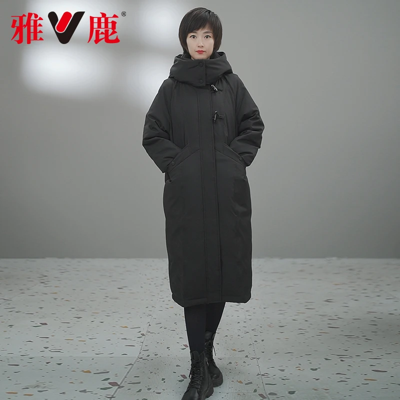 V冬季宽松时尚中长款加厚休闲保暖过膝白鸭绒长羽绒服YQB01X05400