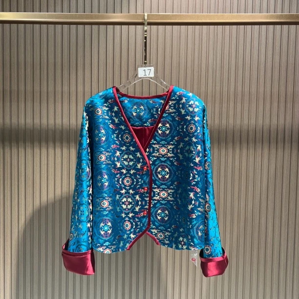 蓝梦 新中式巴达晕撞色桑蚕丝宋锦短款外套