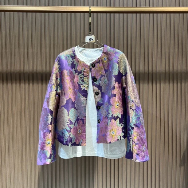 贵气紫荆 宋锦织金丝线短款新中式薄棉外套