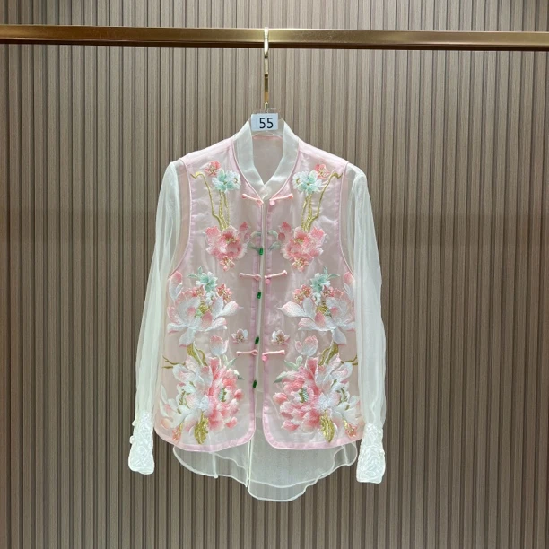 朱华 新中式重工刺绣荷花真丝马甲