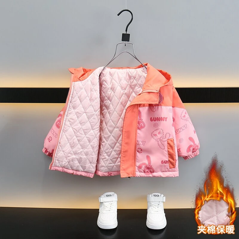 女童加绒加厚卡通外套冬装中小童韩版连帽洋气上衣儿童装拉链衫潮