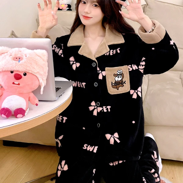 2025冬女生慕斯暖绒睡衣时尚简约舒适长袖气质保暖家居服可外穿