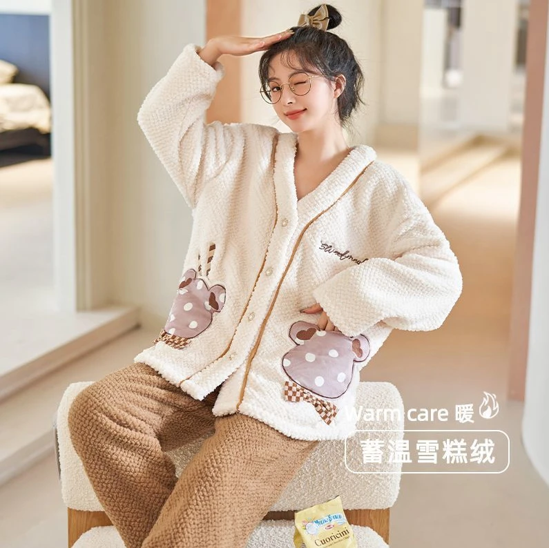 秋冬款高级长袖舒适时尚加绒加厚锁温可外穿女士睡衣家居服保暖