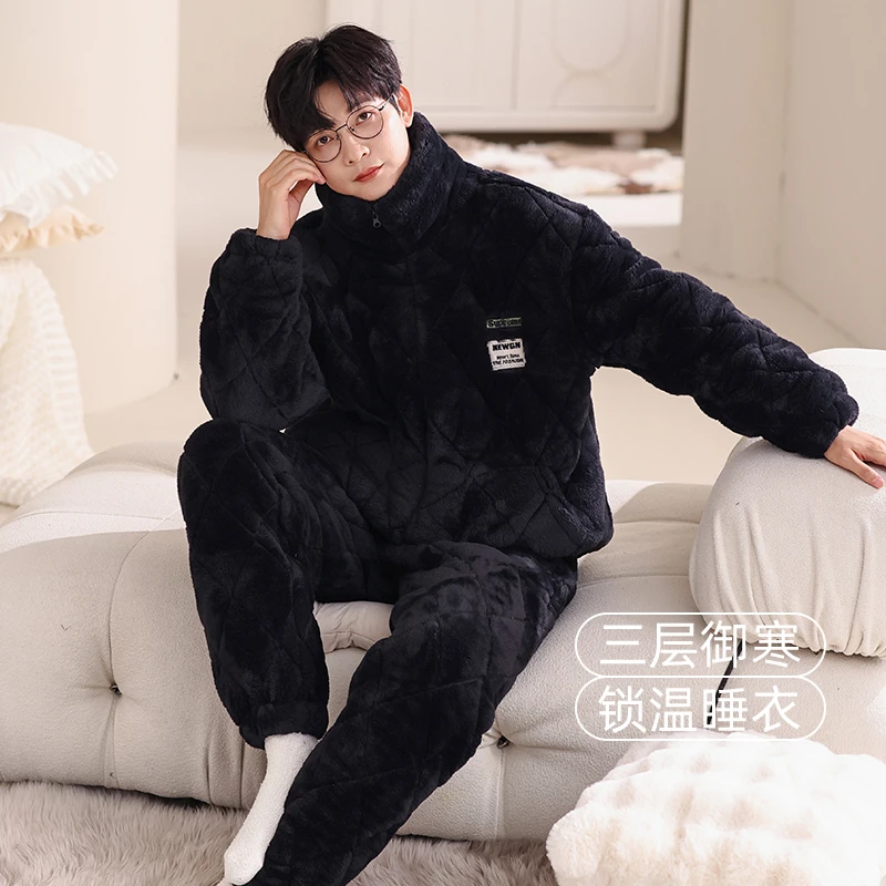 2025年爆款男士舒适加厚加大码时尚长袖保暖睡衣可外穿家居服套装