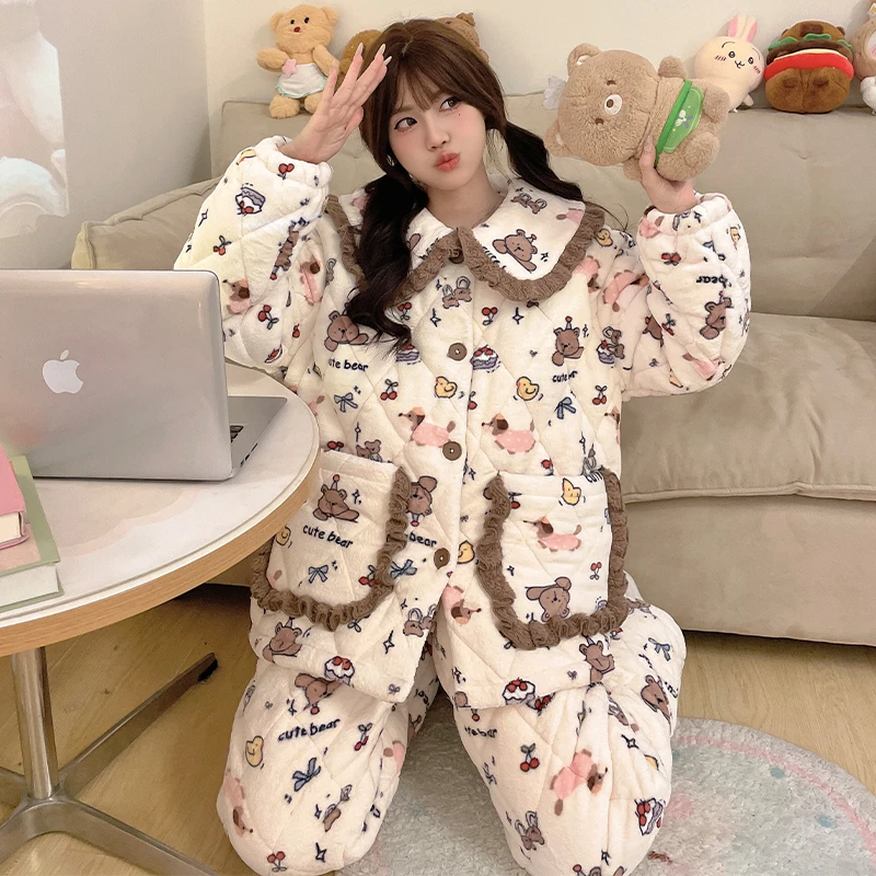 2025年秋冬季新款甜美三层夹棉睡衣长袖开衫可外穿宽松家居服套装