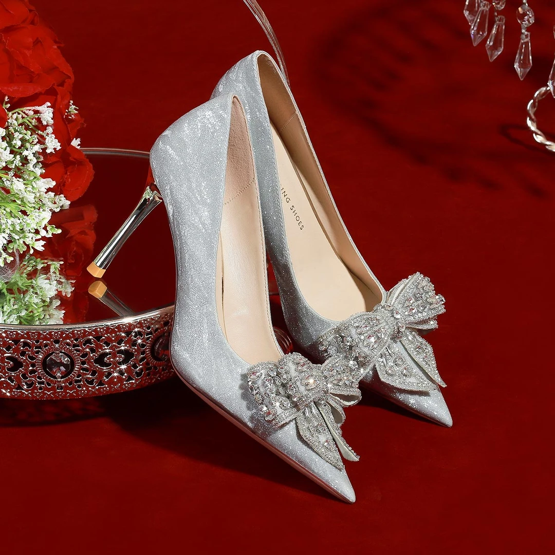 归艺水晶婚鞋春季女秀禾服主婚纱两穿法式结婚新娘鞋晚礼服高跟鞋