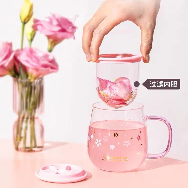 KKF花茶杯猫爪杯茶水分离水杯带盖办公室高硼硅玻璃杯女大容量