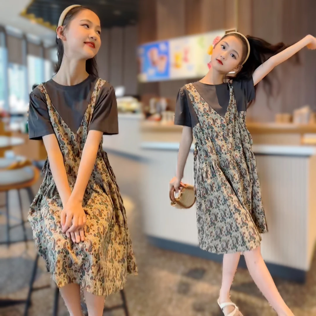 女大童连衣裙儿童亲子洋气长款裙子小女孩夏季碎花假两件短袖裙子