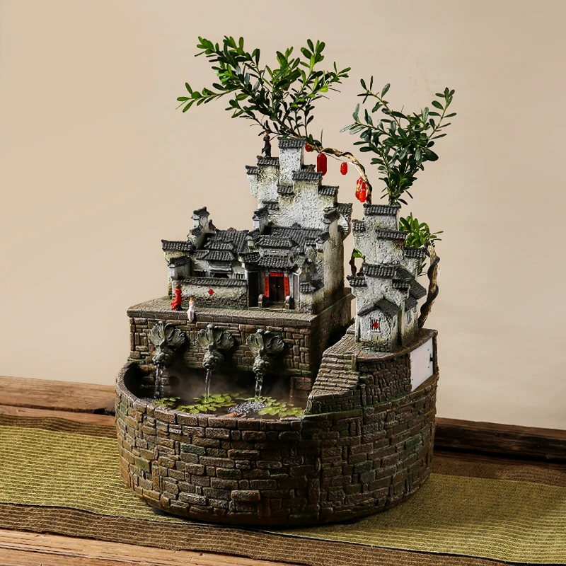 流水摆件循环水鱼缸复古怀旧老房子摆件中式可养鱼创意植物盆栽