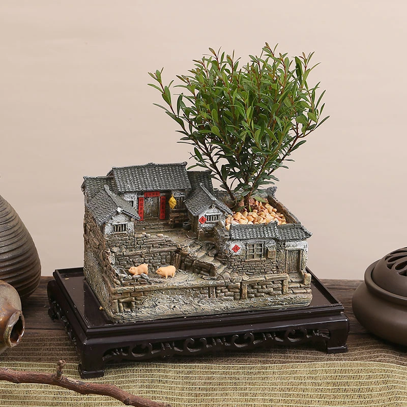 乡思花盆中式创意复古小房子造景盆器微景观赤楠盆景盆栽装饰摆件