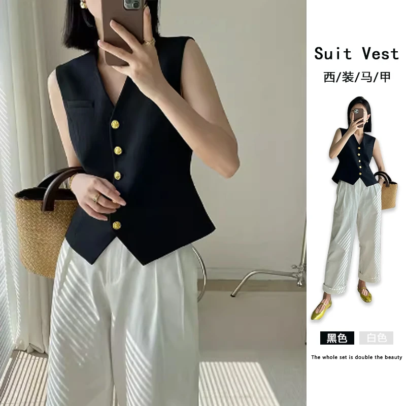 复古高级感黑色v领西装马甲女秋气质收腰显瘦短款小香风背心外套