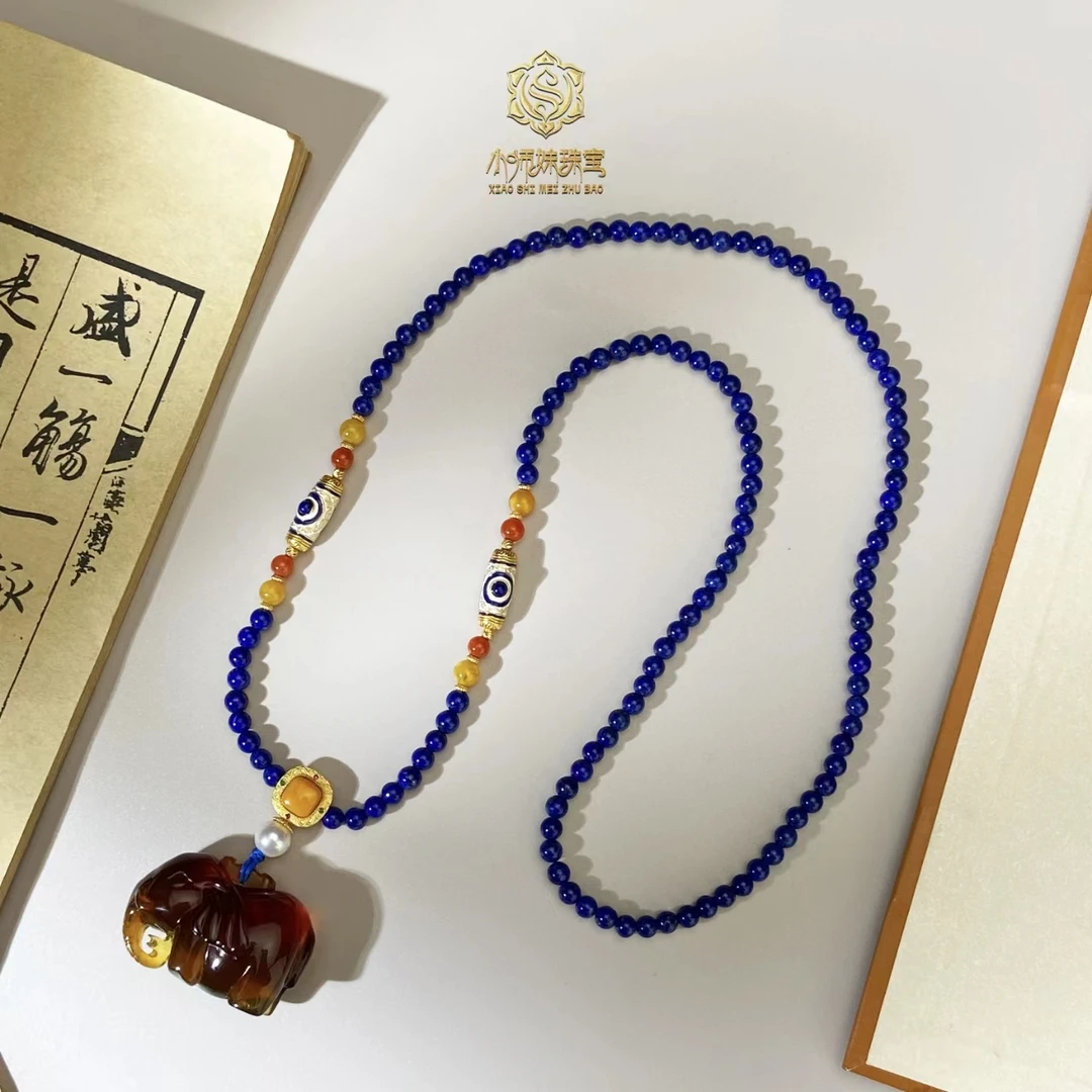 小师妹|琥珀精雕小X青金石吊坠