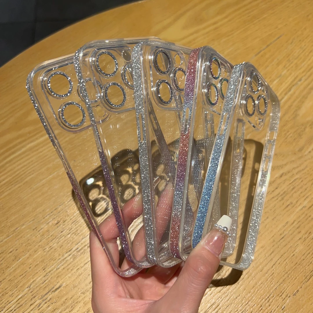 高级感苹果14promax渐变闪粉边框手机壳带镜头膜iPhone13透明壳12