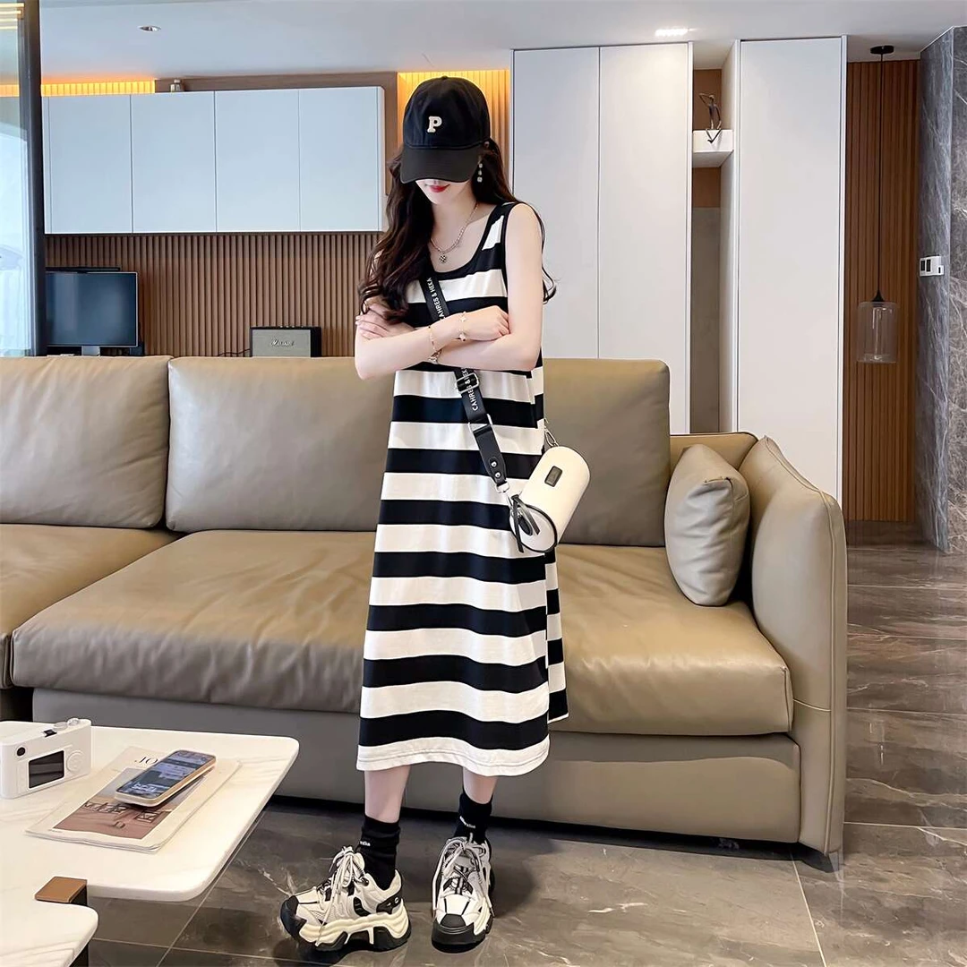 夏季女装连衣裙韩系休闲圆领宽松条纹背心慵懒无袖设计感针织长裙