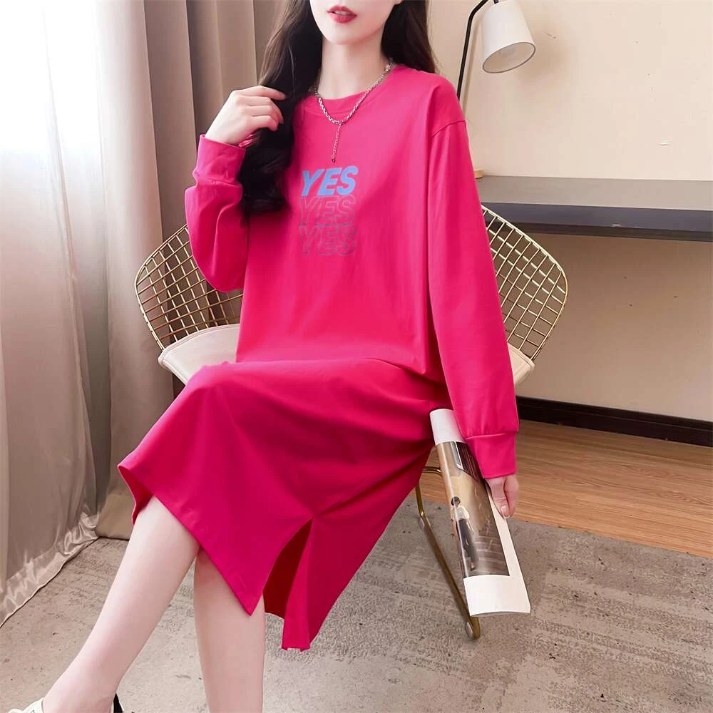 慵懒风长袖连衣裙女2024新款秋装纯棉中长款过膝T恤宽松韩版裙子