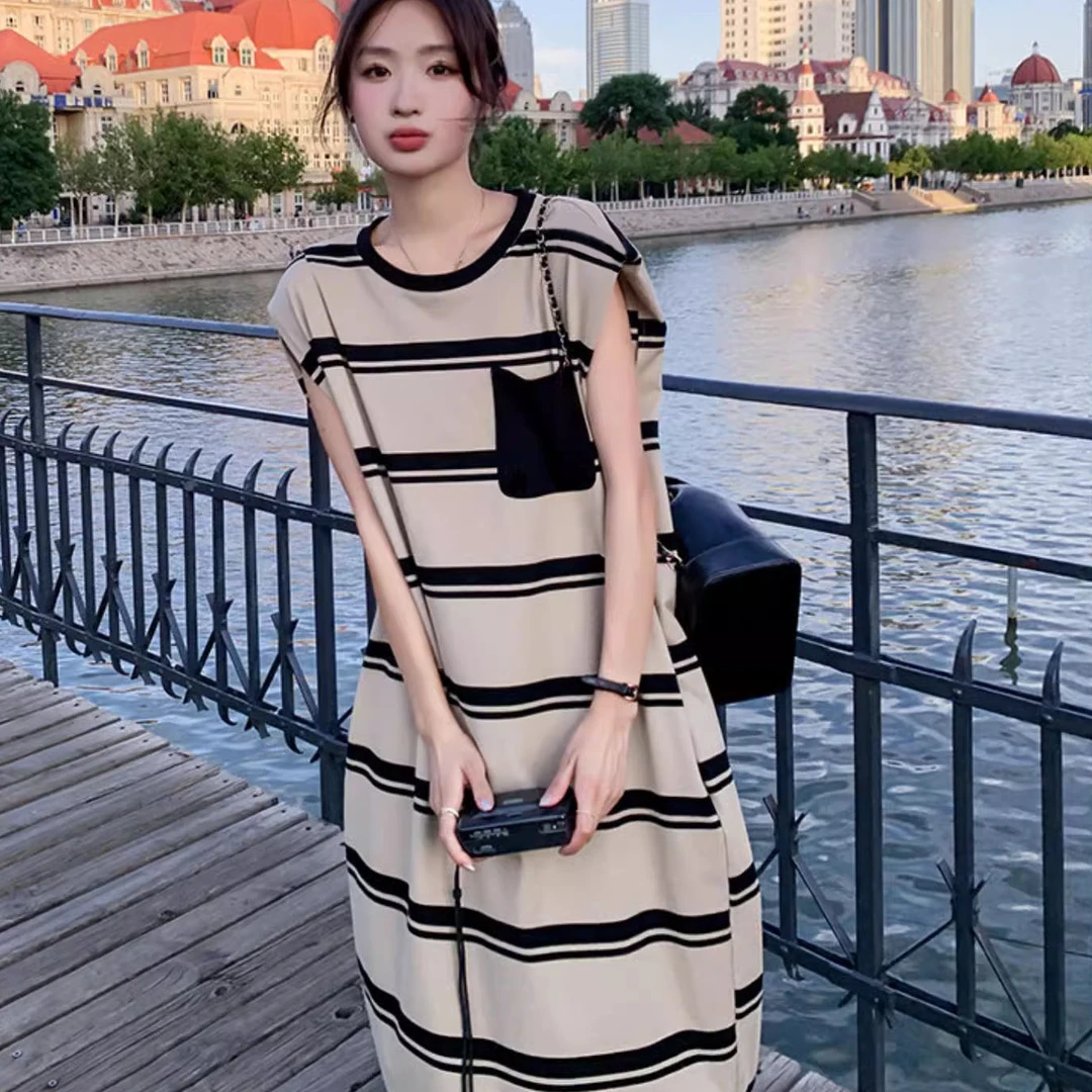 夏季韩系文艺复古无袖T恤裙显瘦条纹大码宽松连衣裙外穿懒人裙子
