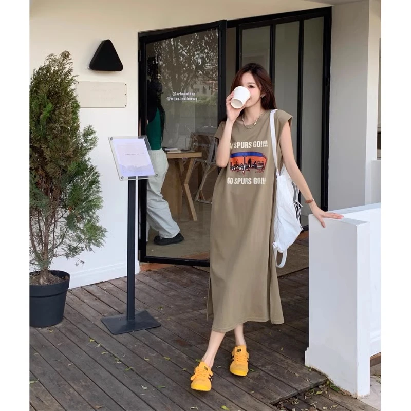 美式印花无袖T恤连衣裙女夏2024新款宽松显瘦小飞袖复古开叉长裙