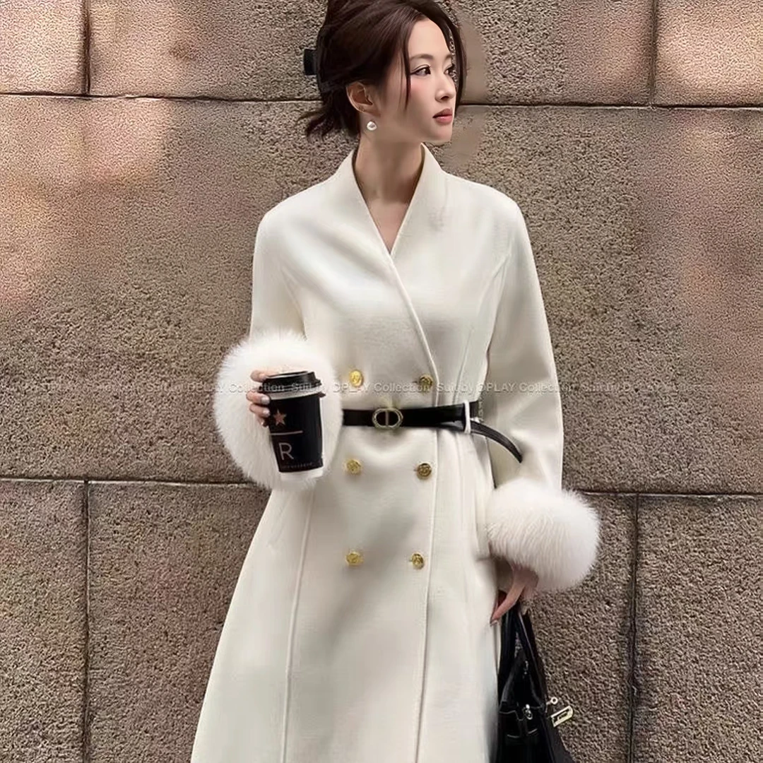 狐狸毛袖一生一件长款高定款高领羊毛大衣气质时尚