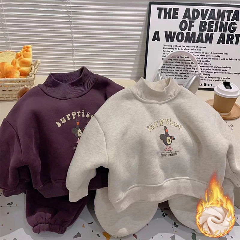 冬季儿童加绒保暖卫衣套装棉质韩版休闲洋气俩件套男女童薄绒套装