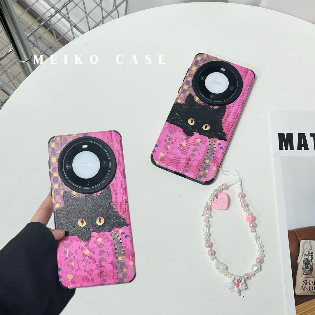 ins风可爱猫咪适用于华为mate60Pro手机壳带挂绳p60Pro贴皮保护套