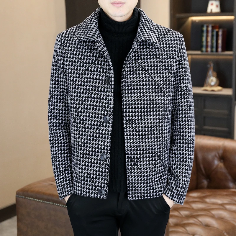 秋冬季新款千鸟格男士毛呢外套短款韩版潮流休闲加绒加厚夹克男装
