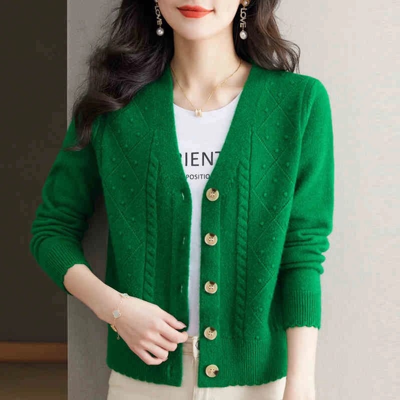 女士百搭外穿针织开衫春秋季V领宽松大码洋气时尚外搭毛衣外套