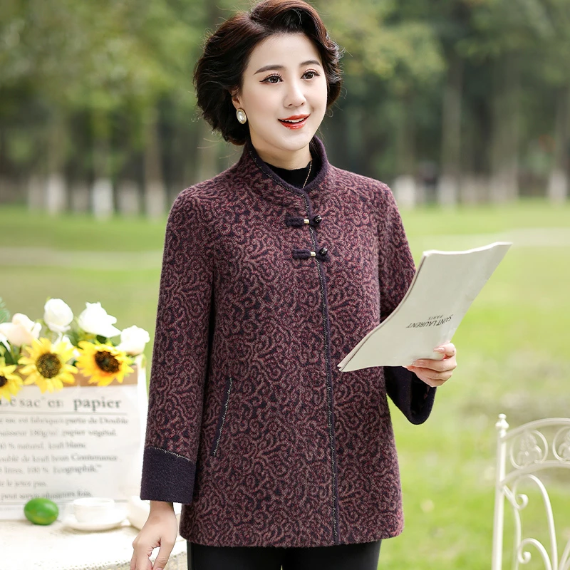 华太太中老年女装春秋加厚中国风妈妈装毛呢外套老人上衣女D0287