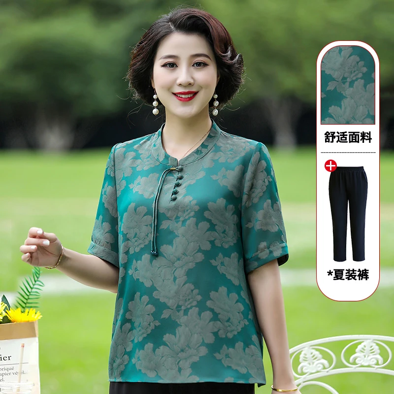 华太太薄款大码女装夏季新款洋气中老年人衬衫短袖女装B3703