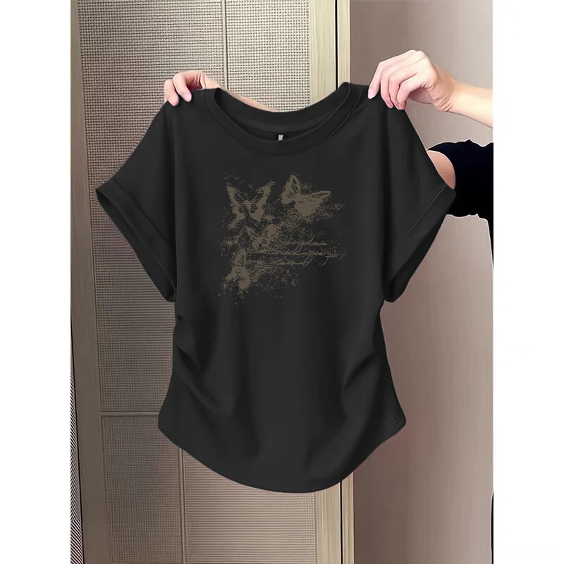 大码胖mm纯欲风辣妹修身显瘦短袖T恤女士夏季设计感圆弧下摆上衣