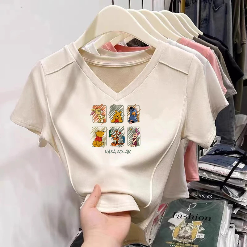 大码胖mm纯棉纯欲风辣妹短袖T恤女士夏季鱼骨纹修身显瘦V领上衣潮