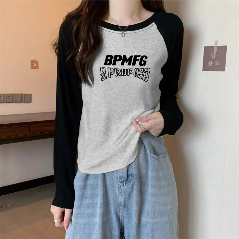 纯欲风辣妹修身显瘦长袖T恤女士秋冬设计感撞色插肩袖打底衫内搭