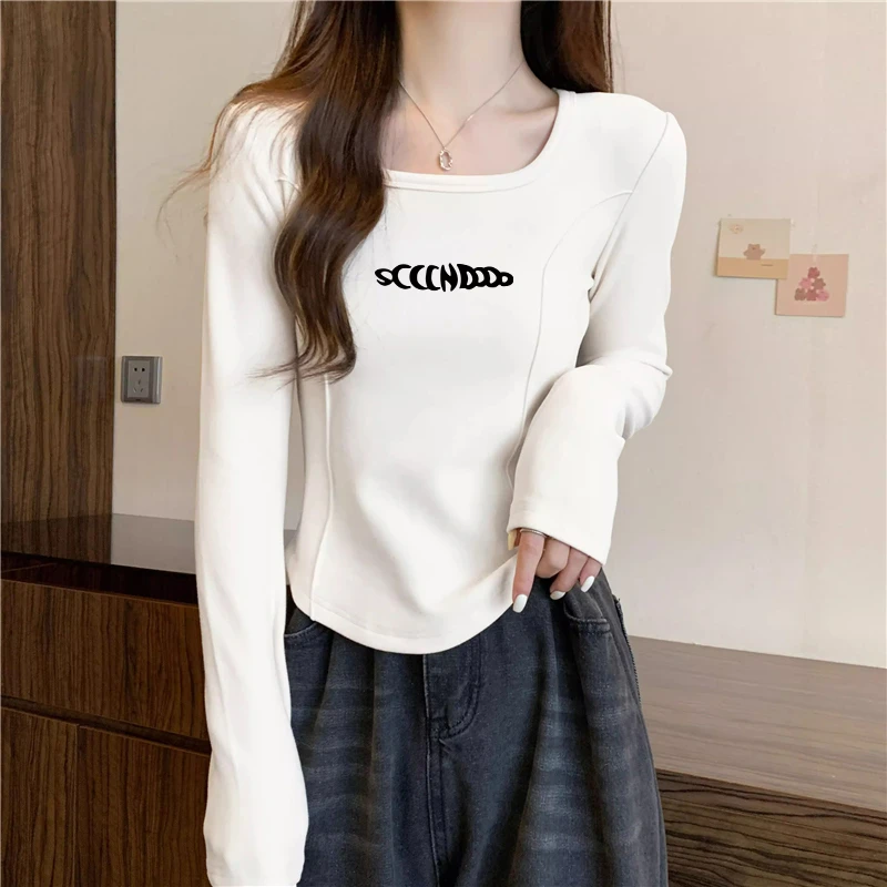 设计感圆弧下摆印花打底衫内搭女士秋冬纯欲风辣妹鱼骨纹圆领上衣