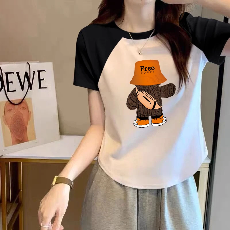 纯棉大码胖mm纯欲风辣妹修身短袖T恤女士夏季不规则圆弧下摆上衣