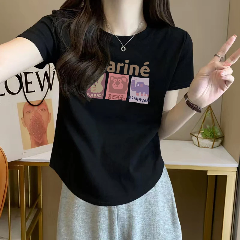 纯欲风辣妹韩版正肩短袖印花圆领T恤女士夏季ins洋气修身显瘦上衣